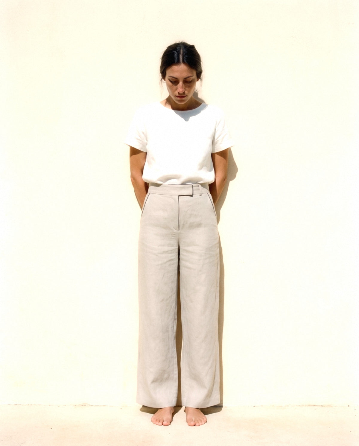 Wide Leg Linen Trousers, in Stone