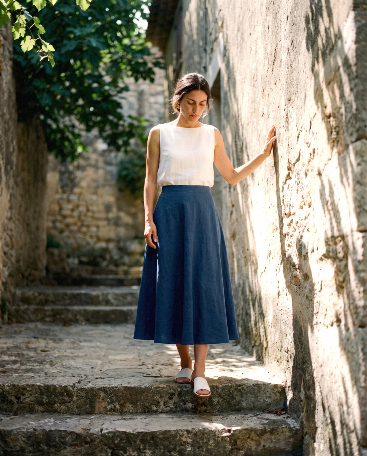 Full Circle Linen Skirt, worn outdoors