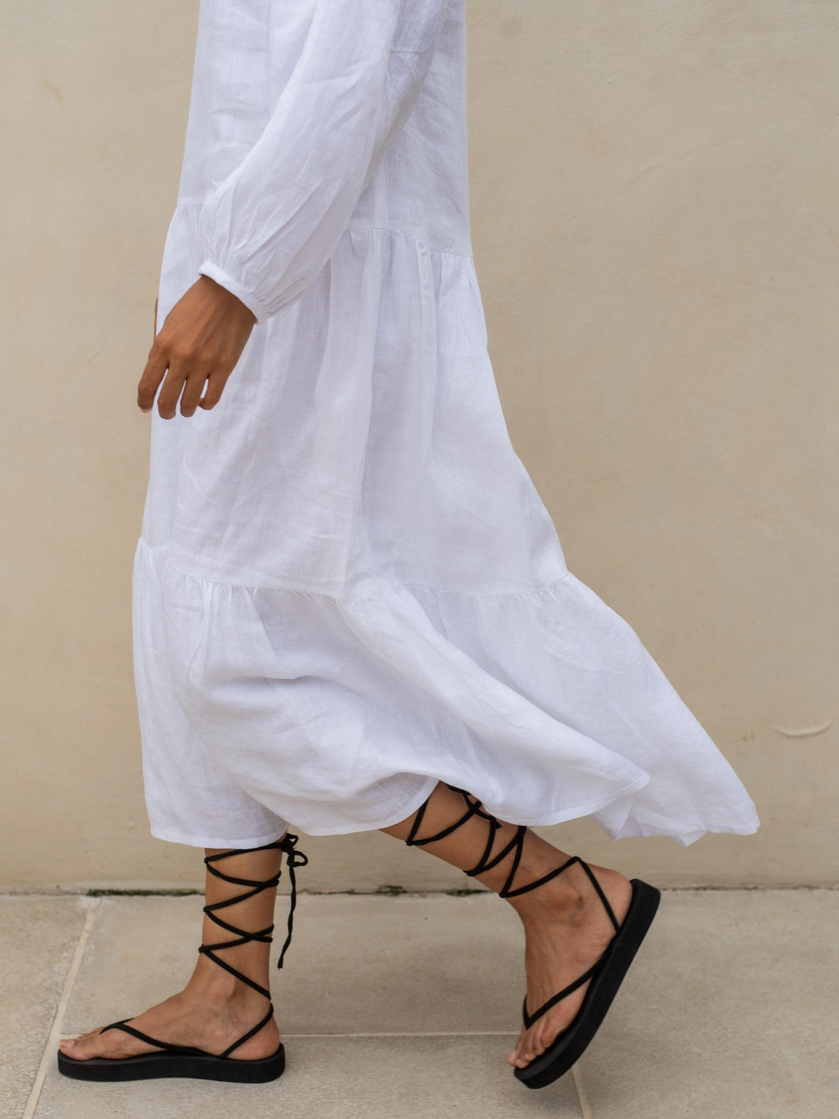 Tiered Linen Maxi Dress in white washed linen, Ellementree