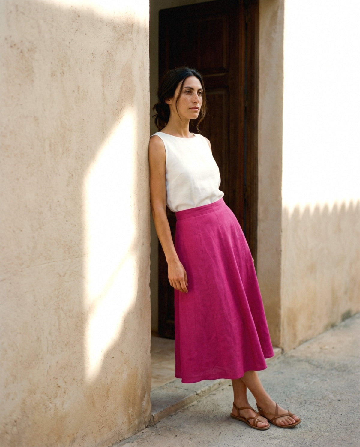 Long A-Line Linen Skirt, worn, relaxed