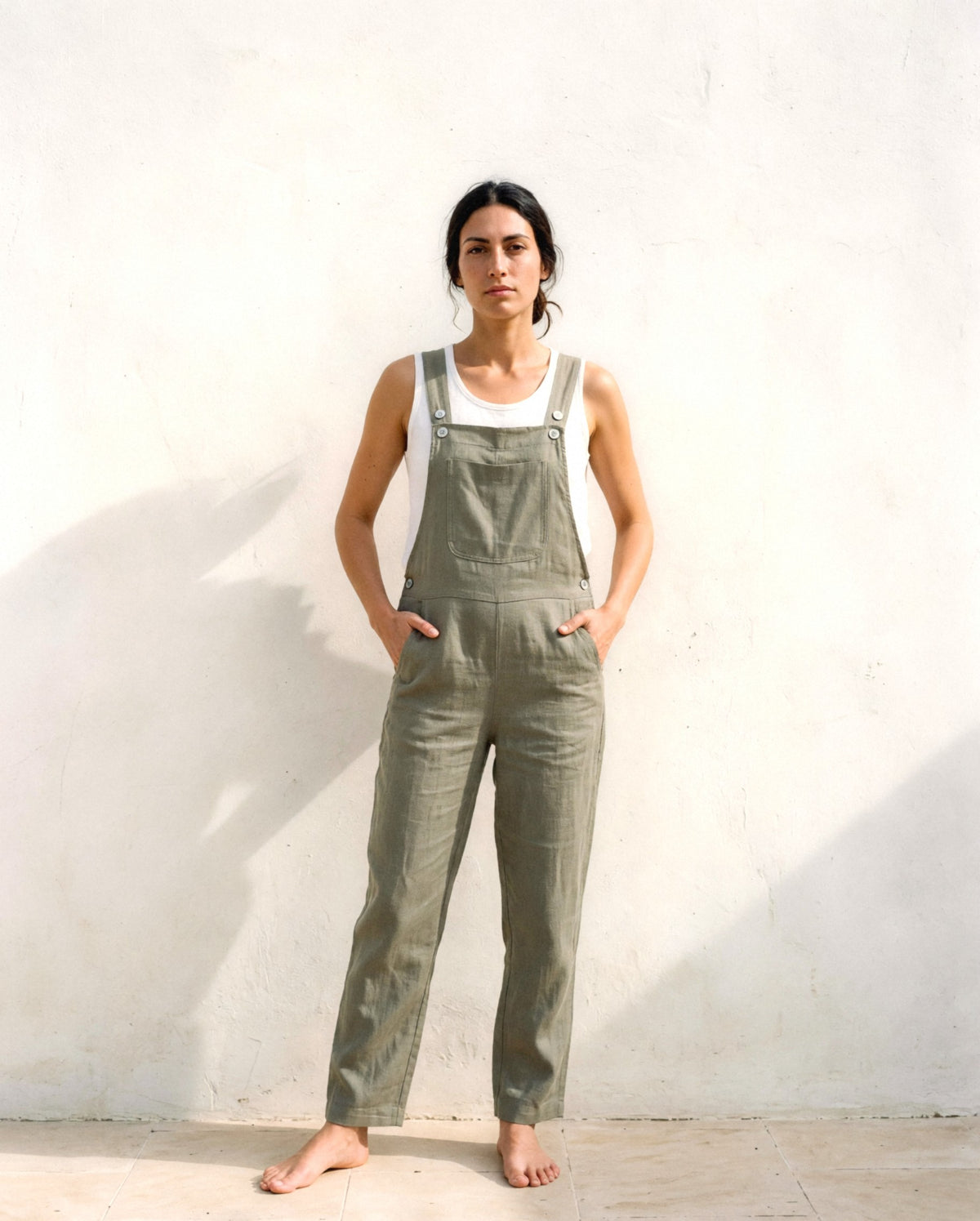 Linen Dungarees, in Olive