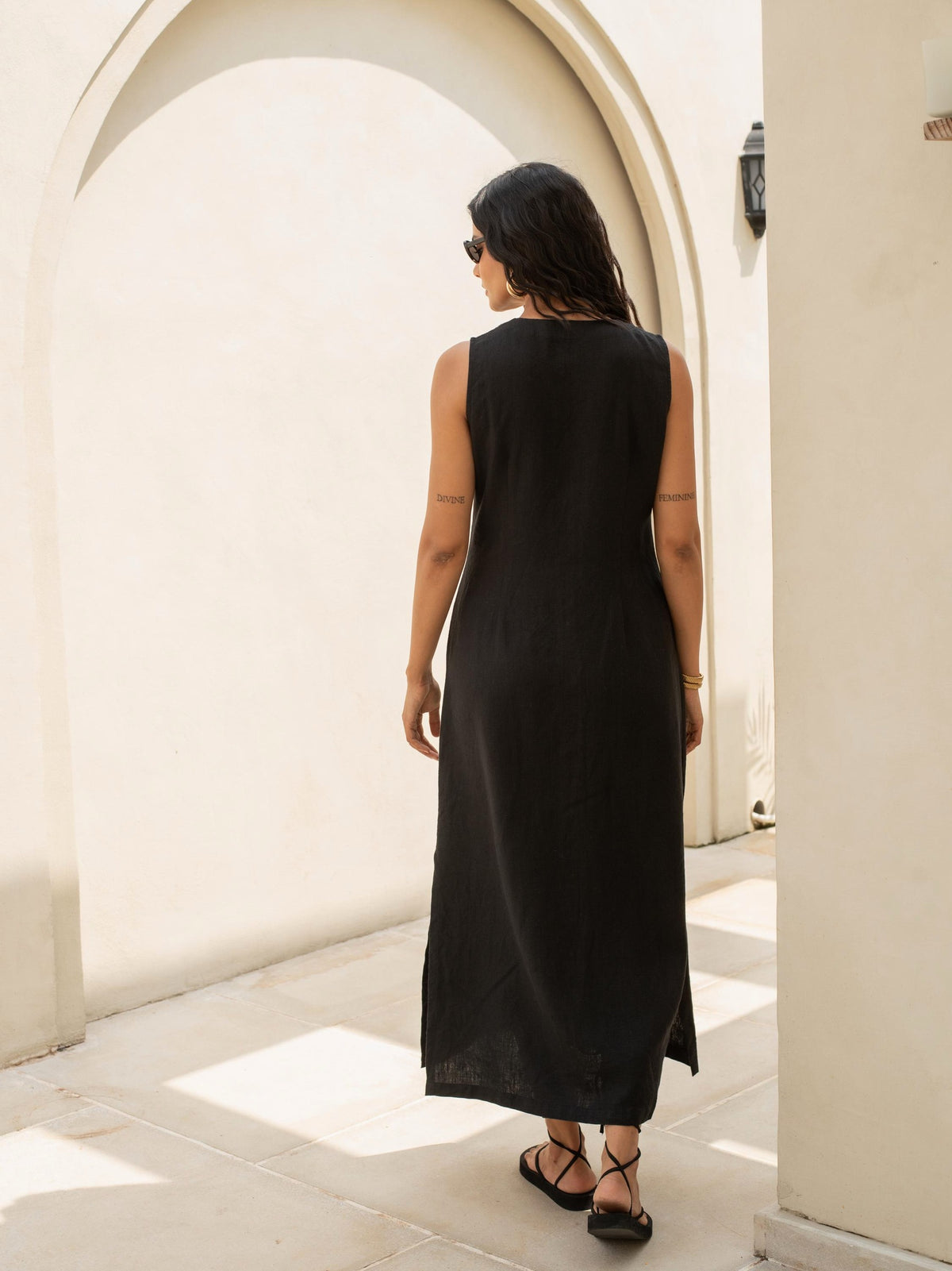 Sleeveless Button Front Maxi in black washed linen, Ellementree