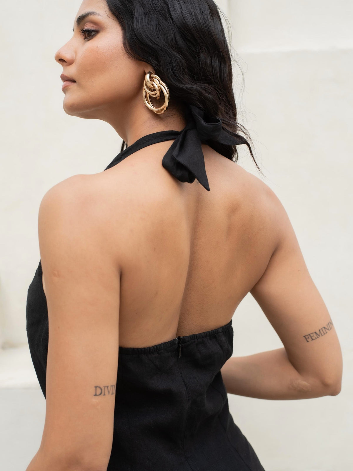 Halter Neck Linen Midi Dress in black washed linen, Ellementree