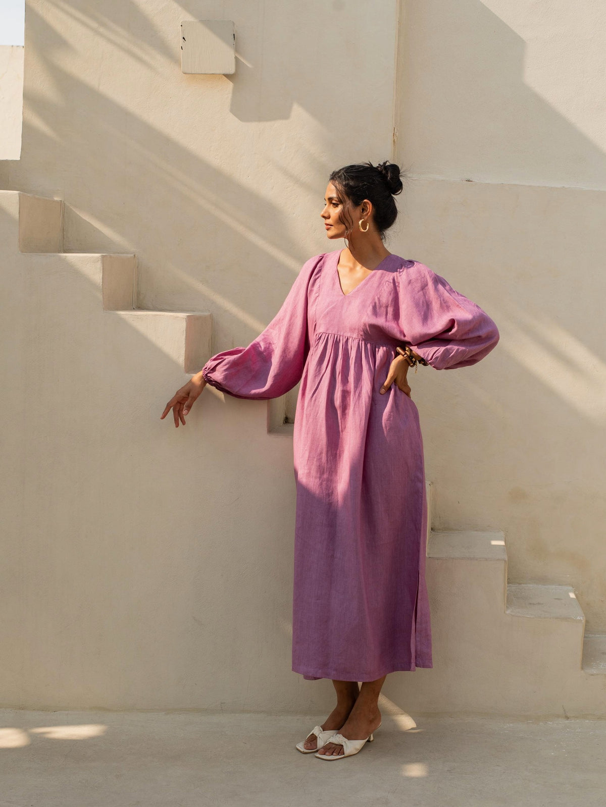 Bishop Sleeve Linen Midi Dress in mauve washed linen, Ellementree