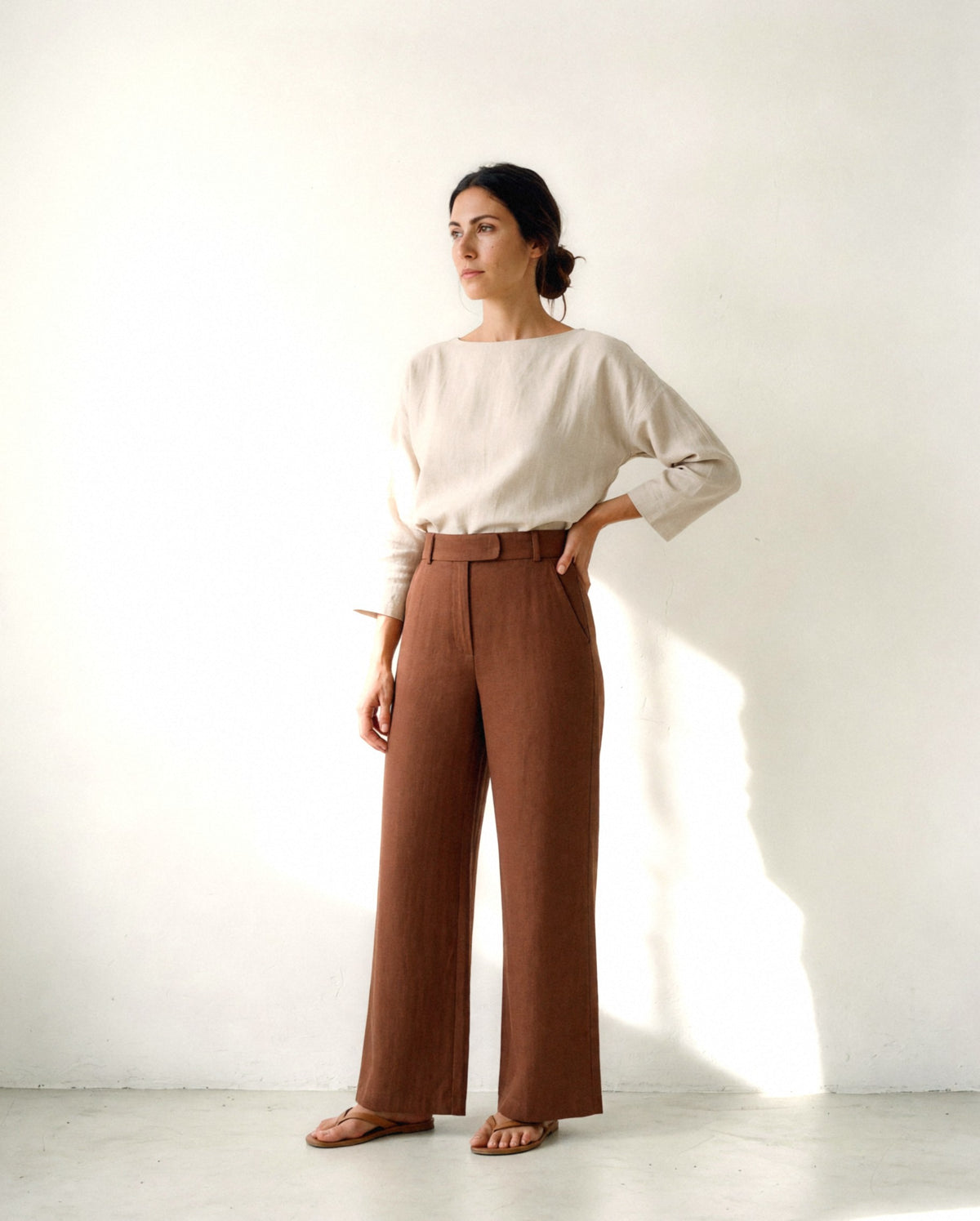 Wide Leg Linen Trousers, in Cinnamon