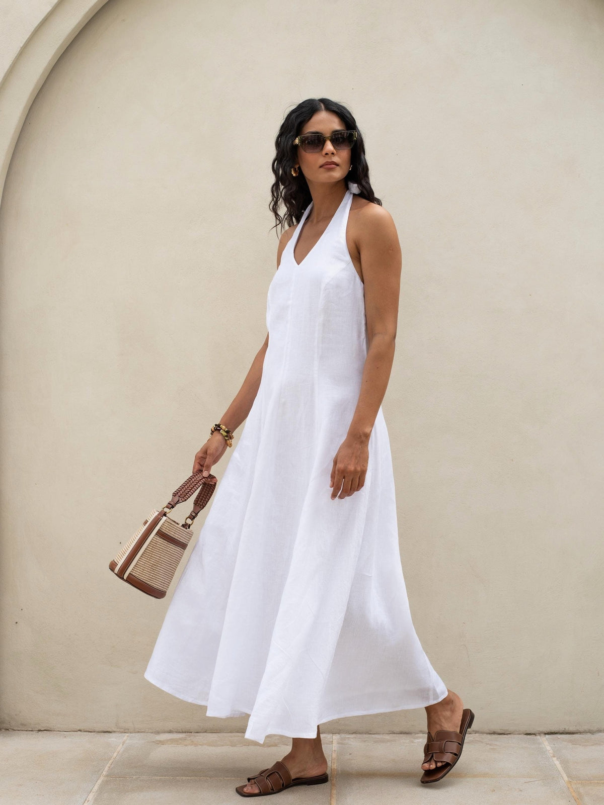 Halter Neck Linen Maxi Dress in washed linen, Ellementree