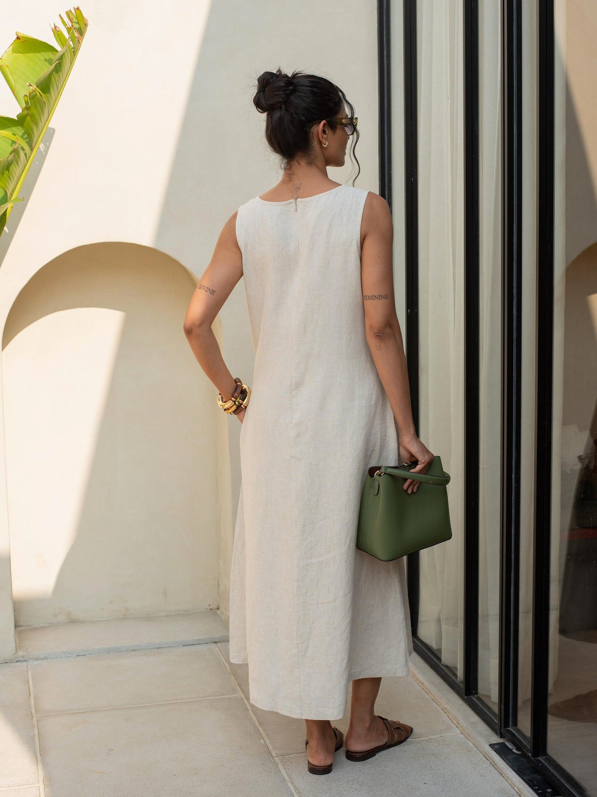 Boat Neck Linen Maxi Dress in natural washed linen, Ellementree