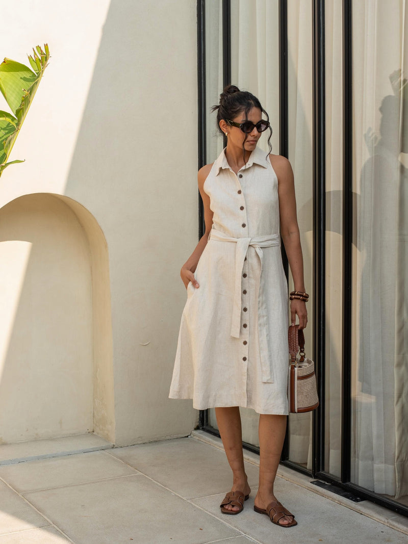Belted Sleeveless Shirt Dress in natural washed linen, Ellementree