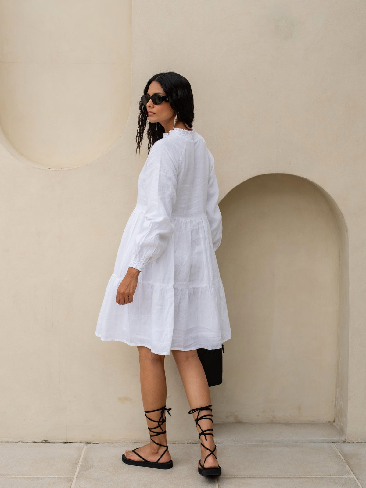 Short Tiered Linen Dress in white washed linen, Ellementree