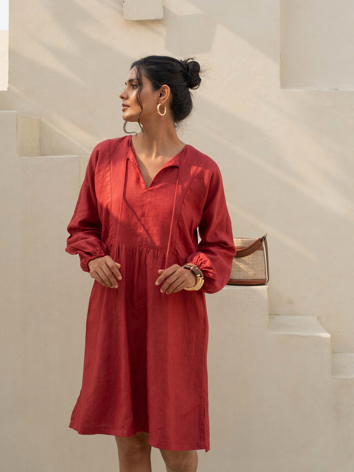 Tie Neck Linen Tunic Dress in brick red washed linen, Ellementree