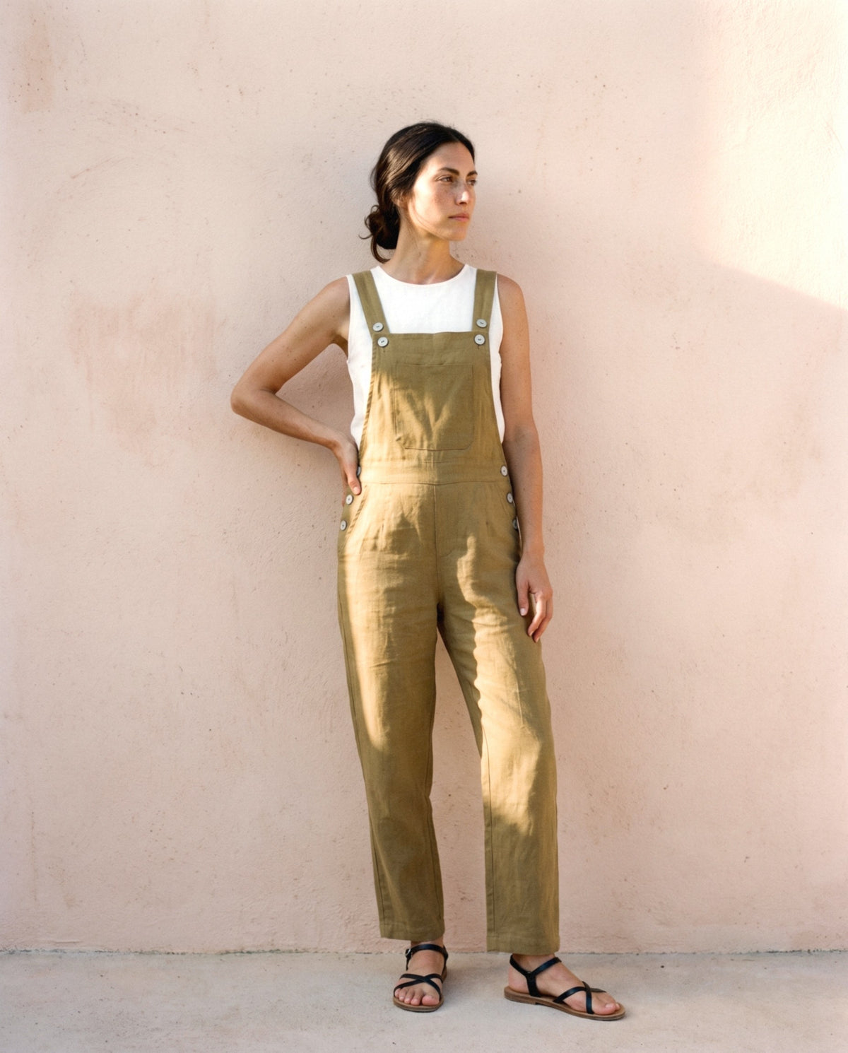 Linen Dungarees, in Ochre