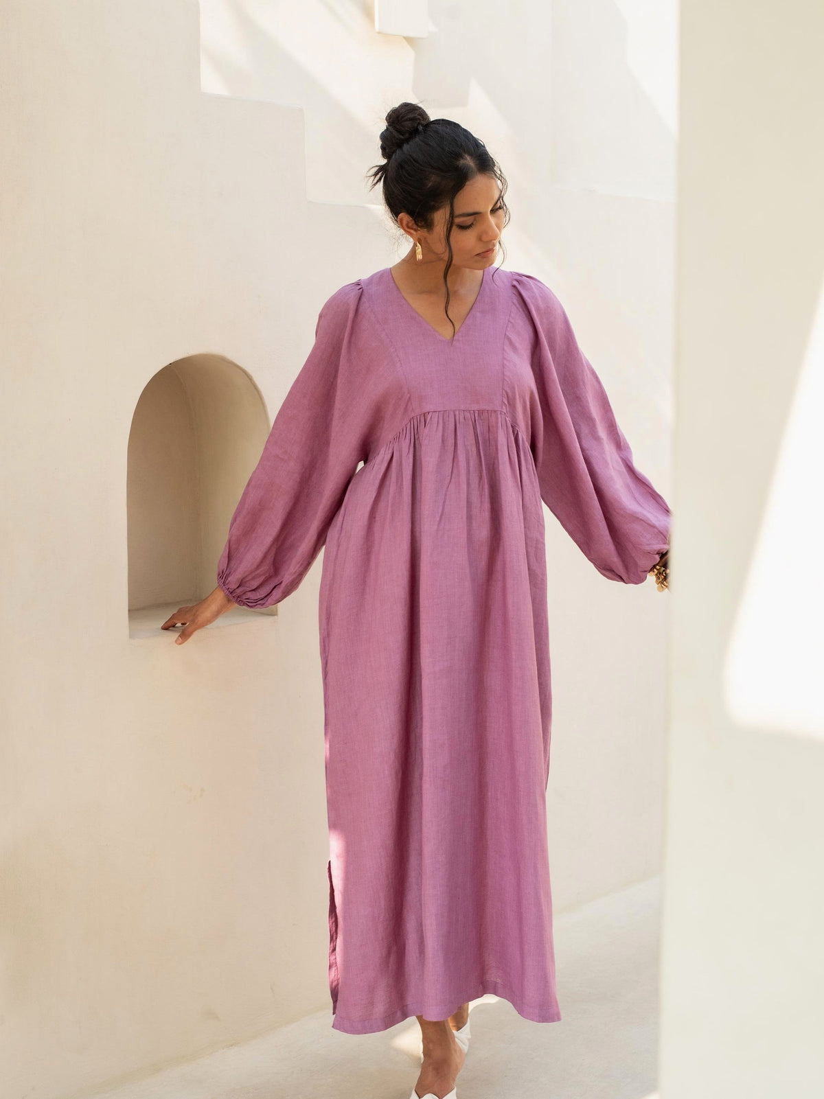 Bishop Sleeve Linen Midi Dress in mauve washed linen, Ellementree