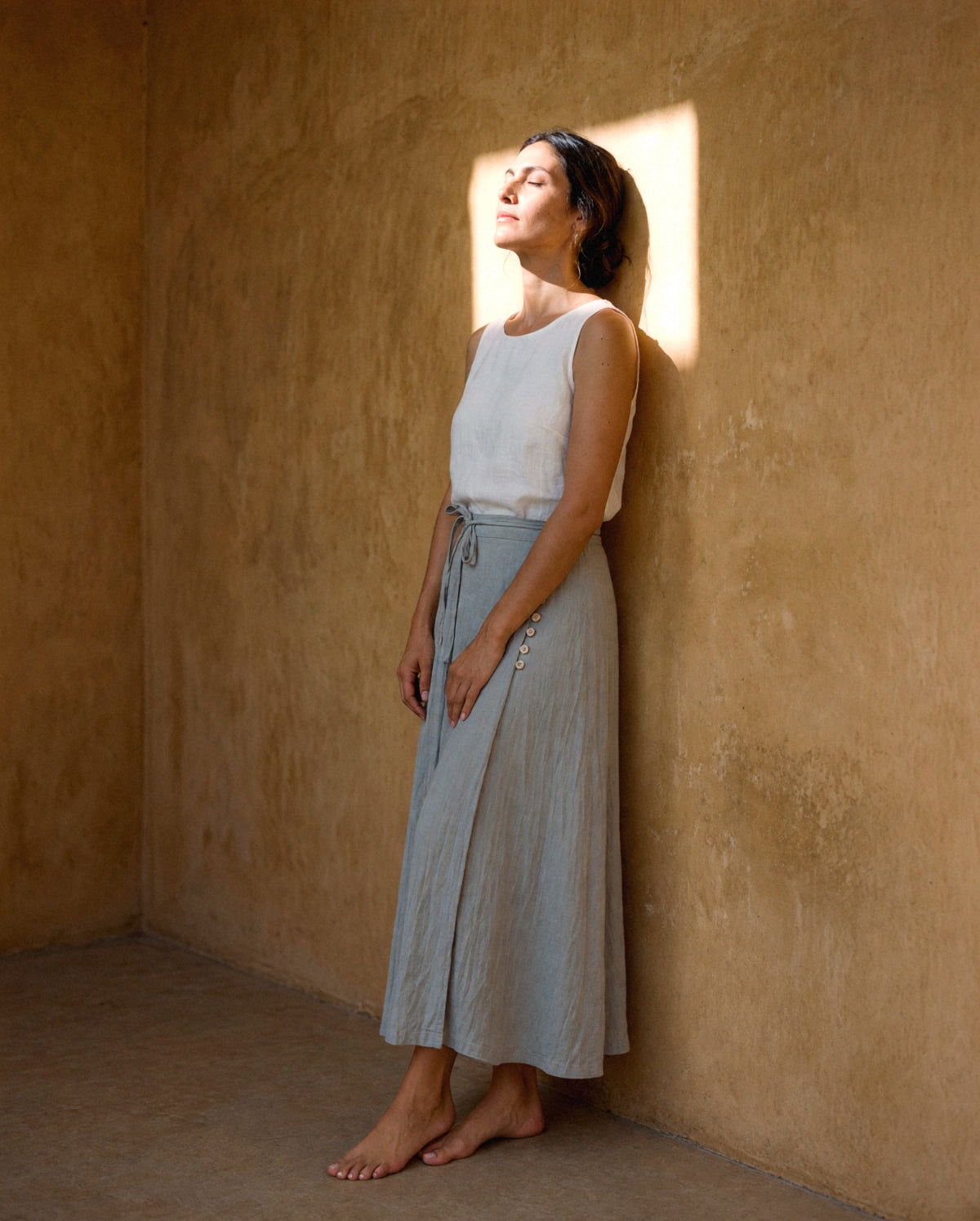 Wrap Linen Maxi Skirt, worn, relaxed