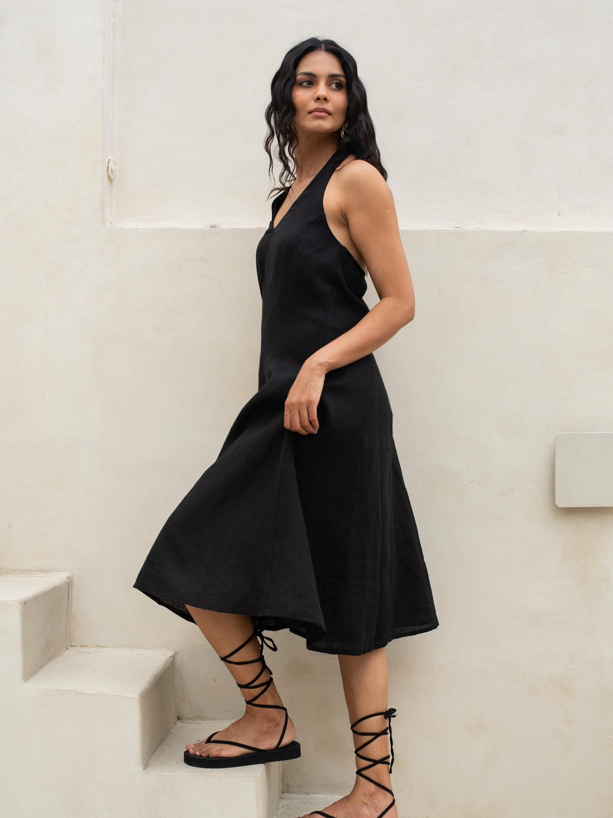 Halter Neck Linen Midi Dress in black washed linen, Ellementree