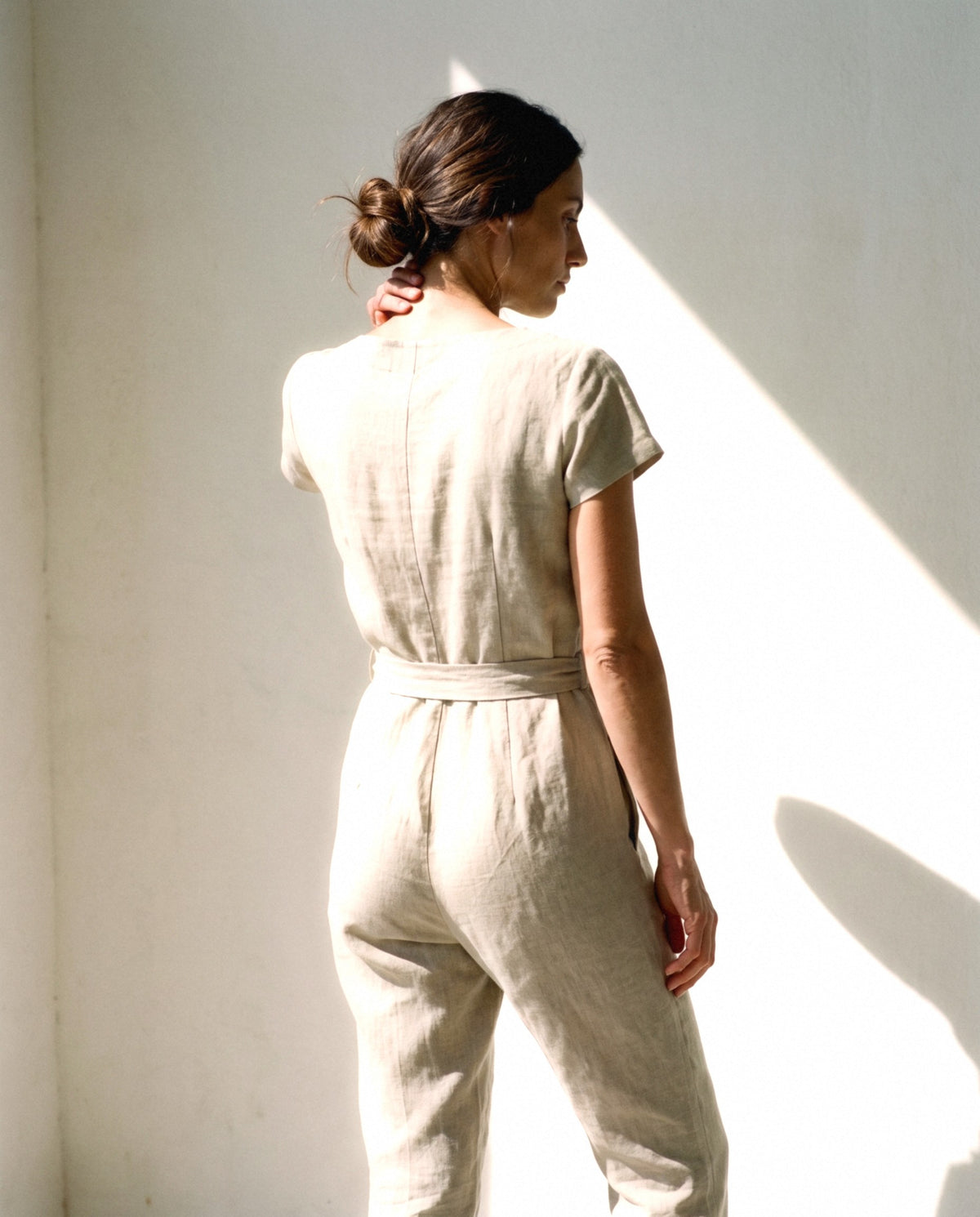 Wrap Linen Jumpsuit in natural, back view