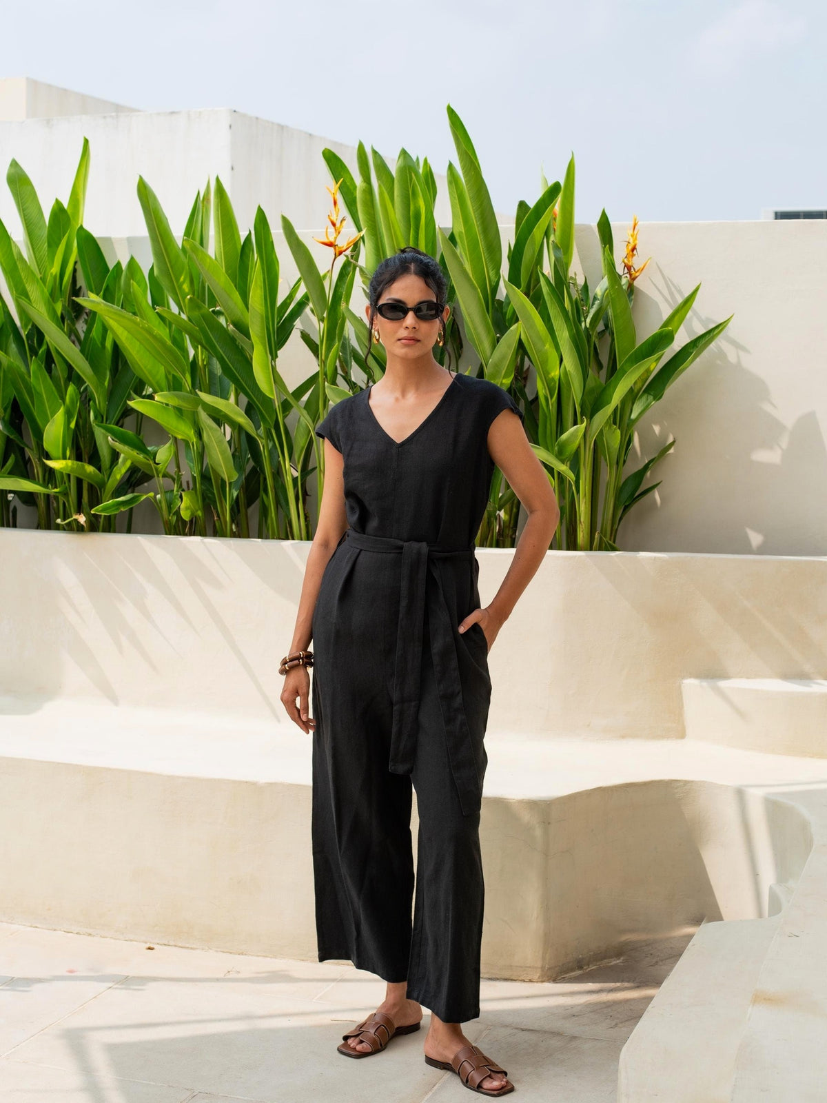 Cap Sleeve Linen Jumpsuit in black washed linen, Ellementree