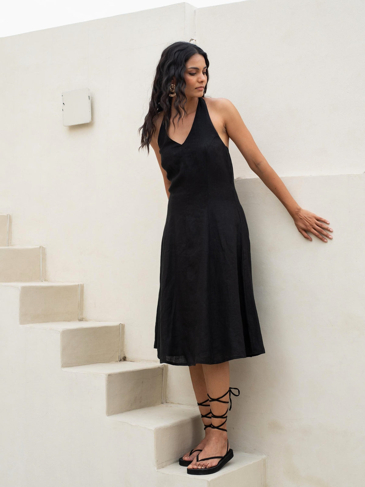 Halter Neck Linen Midi Dress in black washed linen, Ellementree
