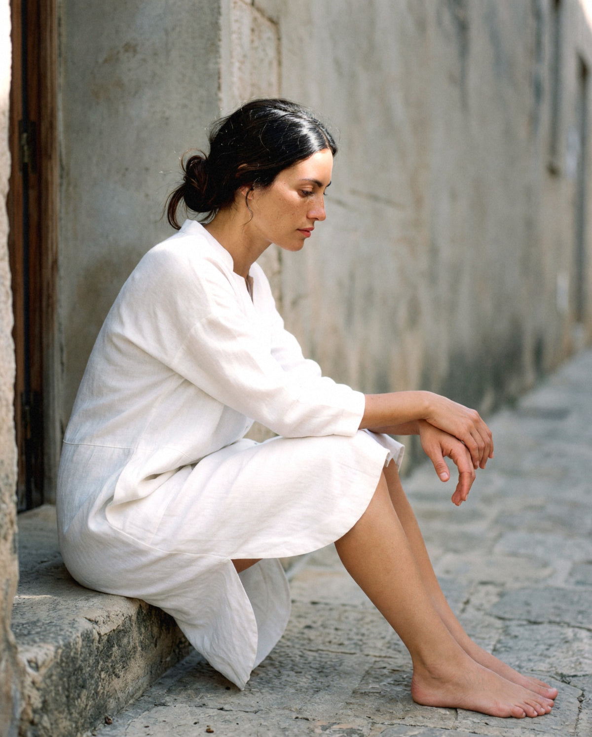 Oversized Linen Shirt Dress, worn outdoors