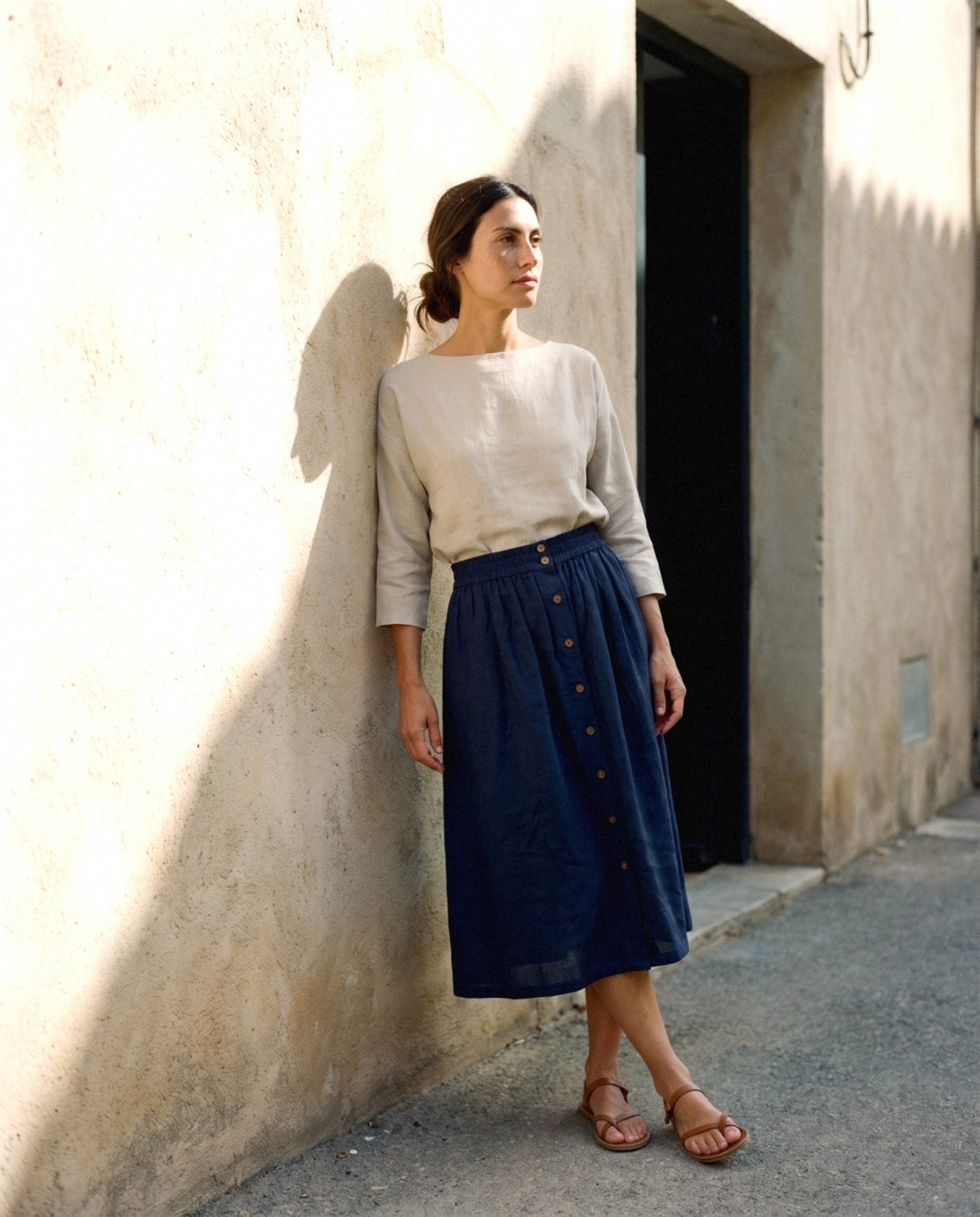 Gathered Linen Midi Skirt in navy, worn, relaxed