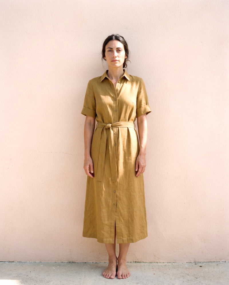 Linen Shirt Dress in ochre, front view