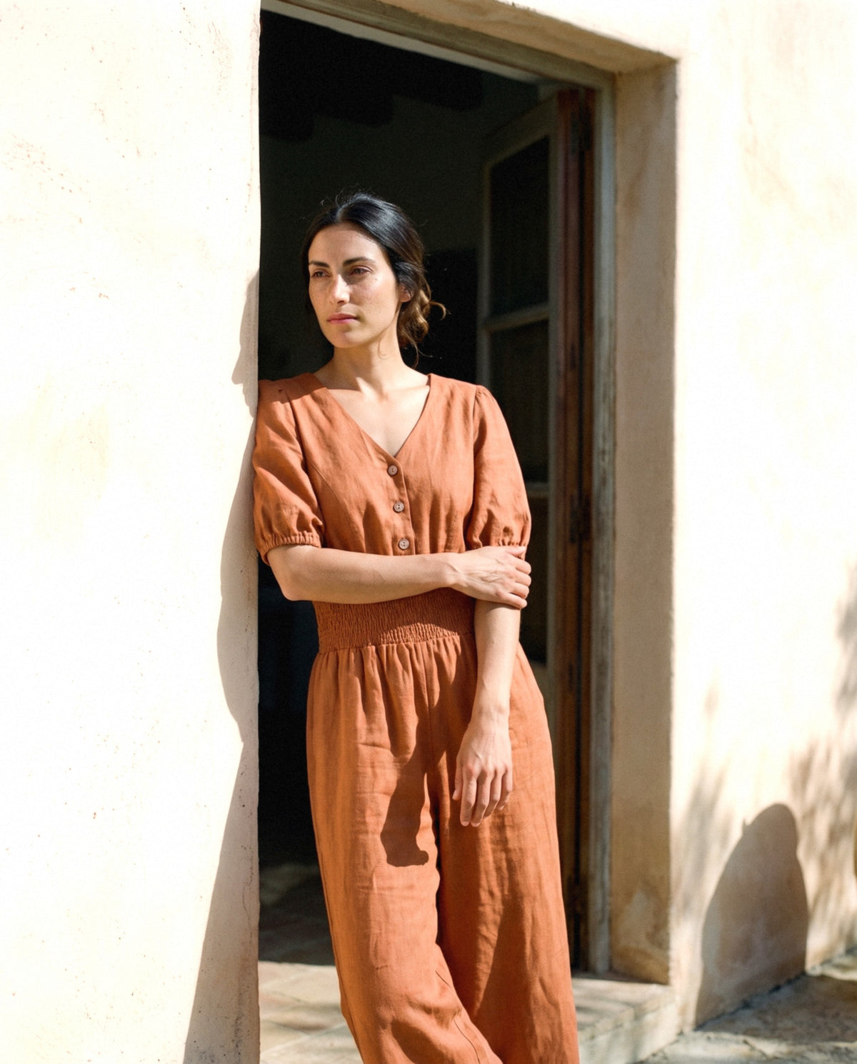 Button Front Linen Maxi Jumpsuit, worn, relaxed