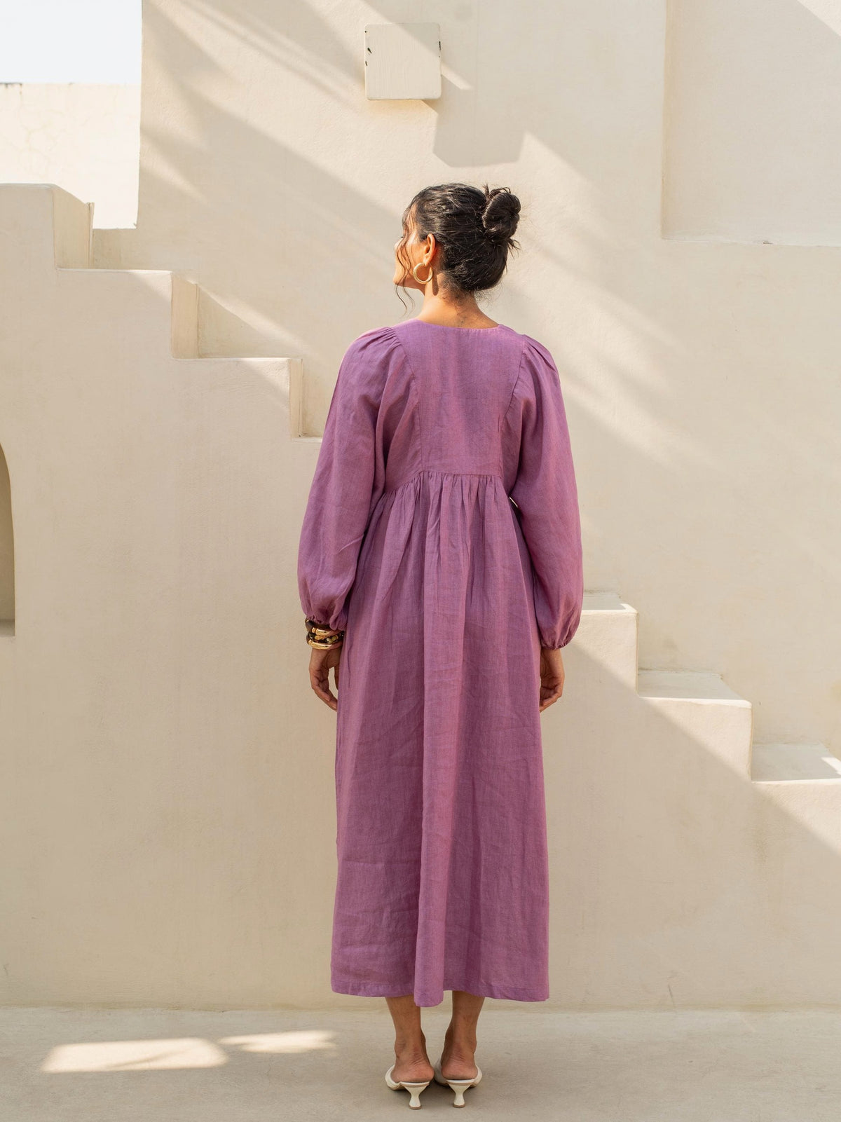 Bishop Sleeve Linen Midi Dress in mauve washed linen, Ellementree