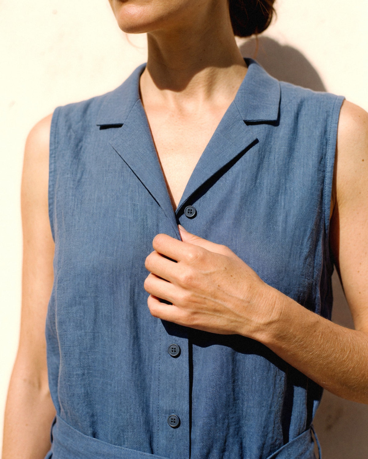 Sleeveless Linen Jumpsuit, fabric and finish detail