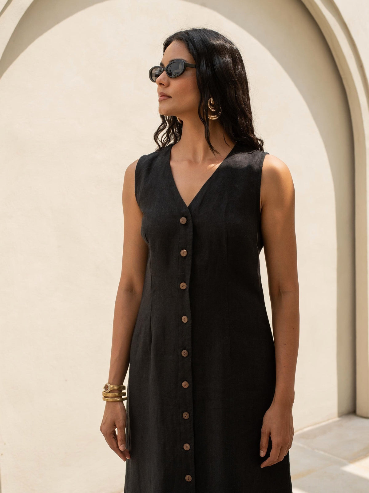 Sleeveless Button Front Maxi in black washed linen, Ellementree