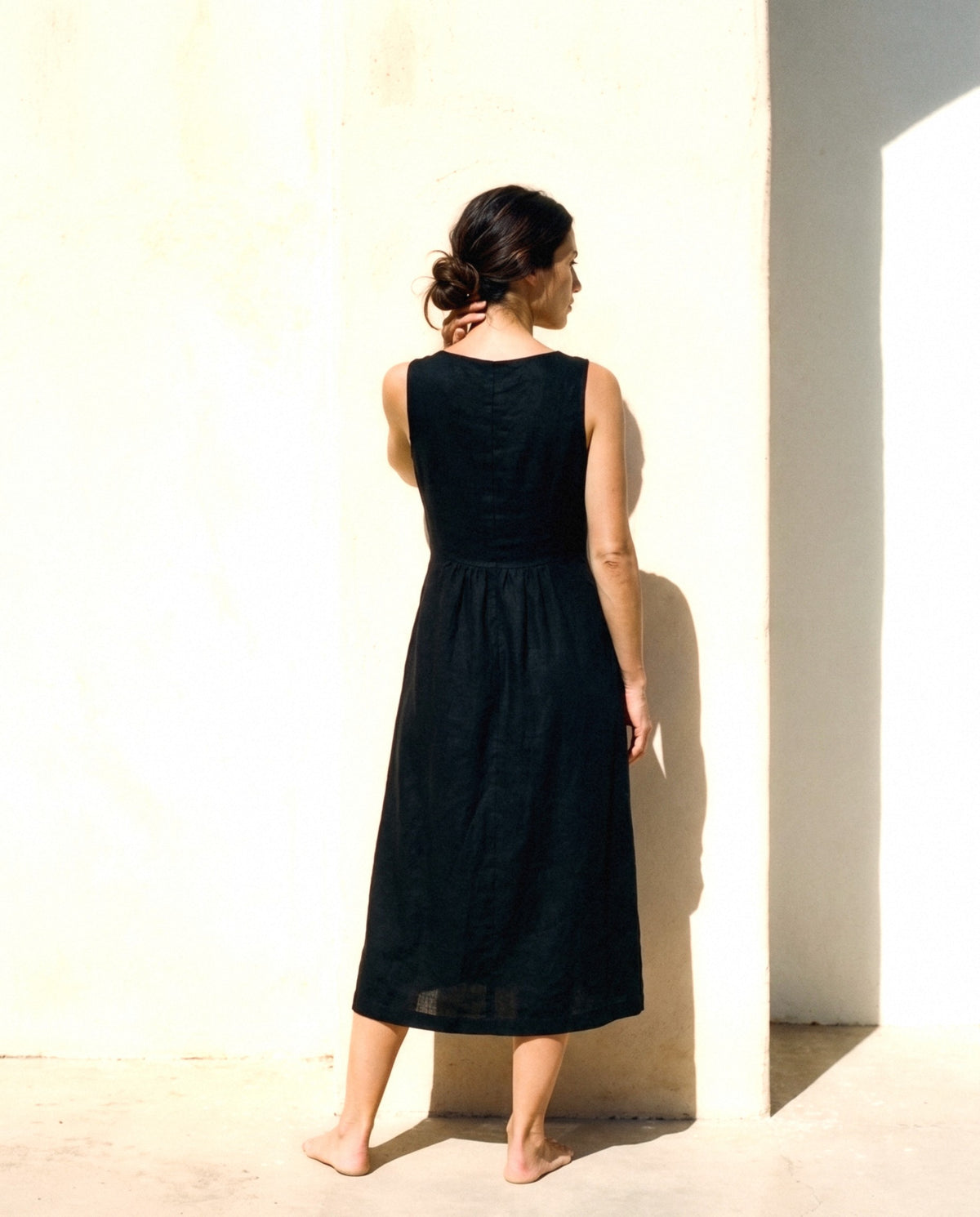 Button Front Linen Midi in black, back view