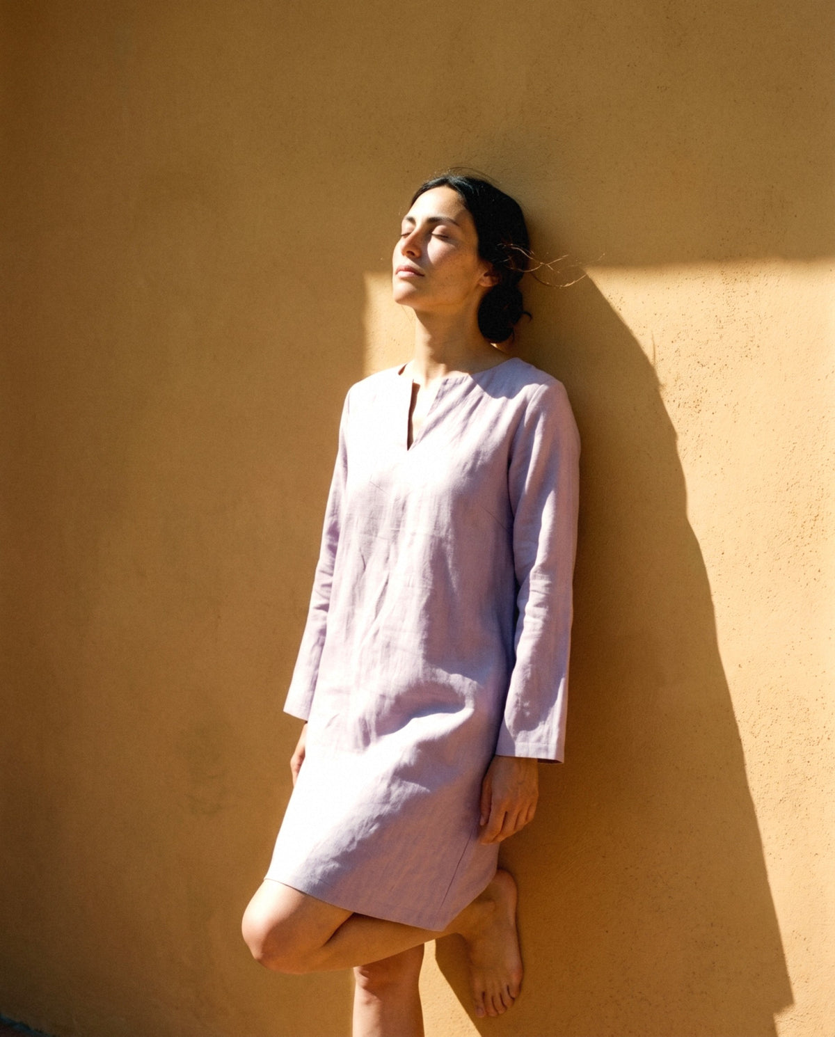 Long Sleeve Linen Shift, worn, relaxed