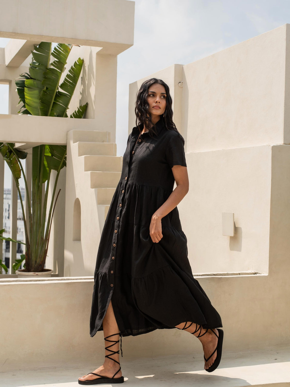 Tiered Linen Shirt Dress in washed linen, Ellementree
