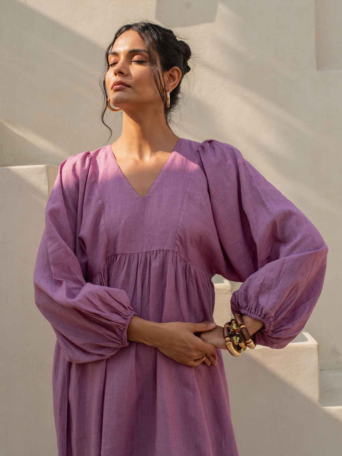 Bishop Sleeve Linen Midi Dress in mauve washed linen, Ellementree