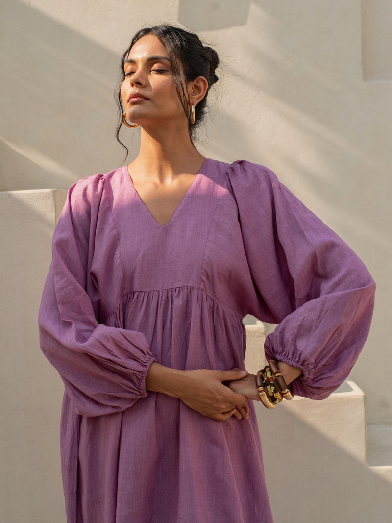 Bishop Sleeve Linen Midi Dress in mauve washed linen, Ellementree