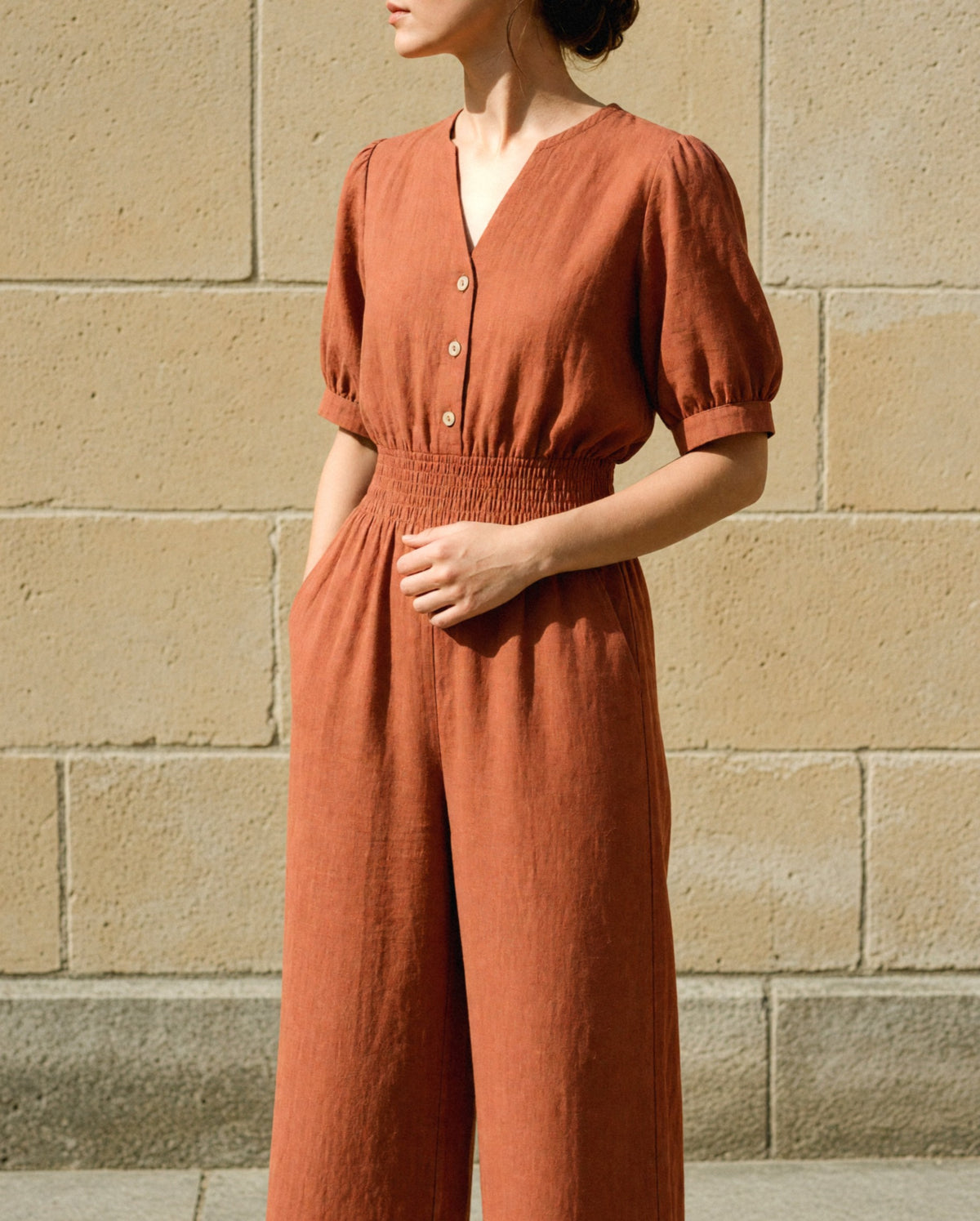 Button Front Linen Maxi Jumpsuit, fabric and finish detail