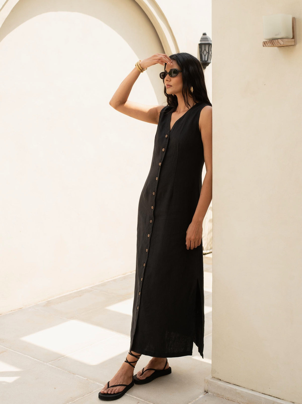 Sleeveless Button Front Maxi in black washed linen, Ellementree