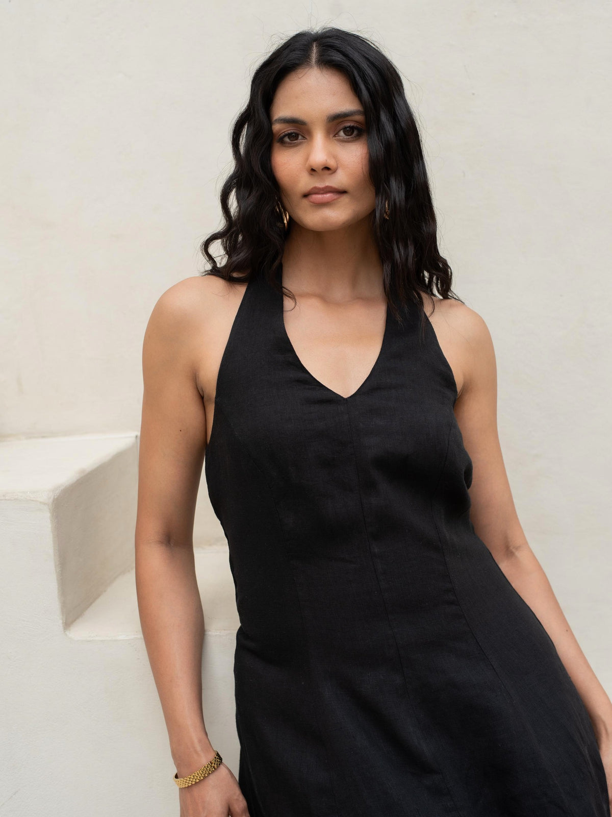 Halter Neck Linen Midi Dress in black washed linen, Ellementree