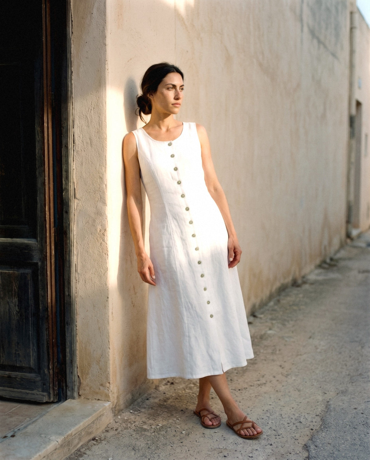 Button Front Linen Midi in white, worn, relaxed