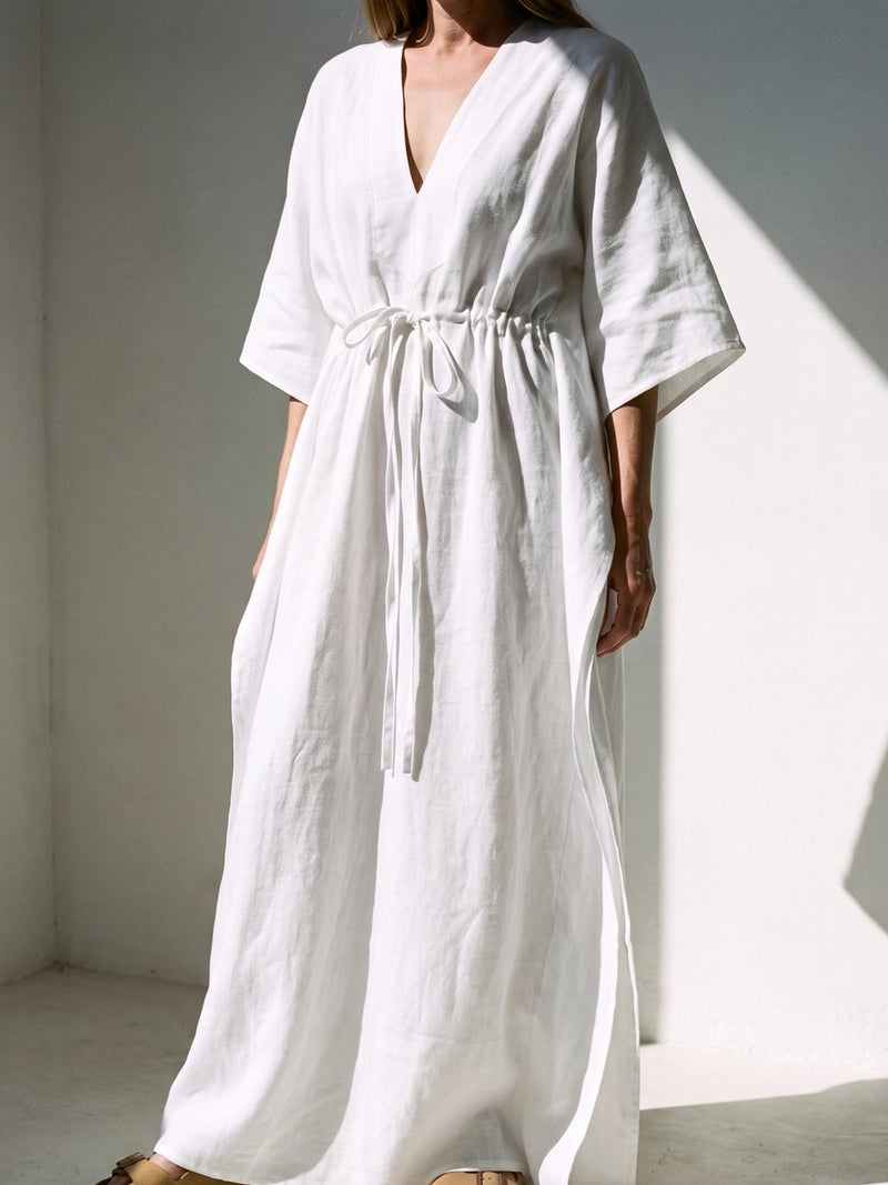 Batwing Linen Kaftan in white, front view
