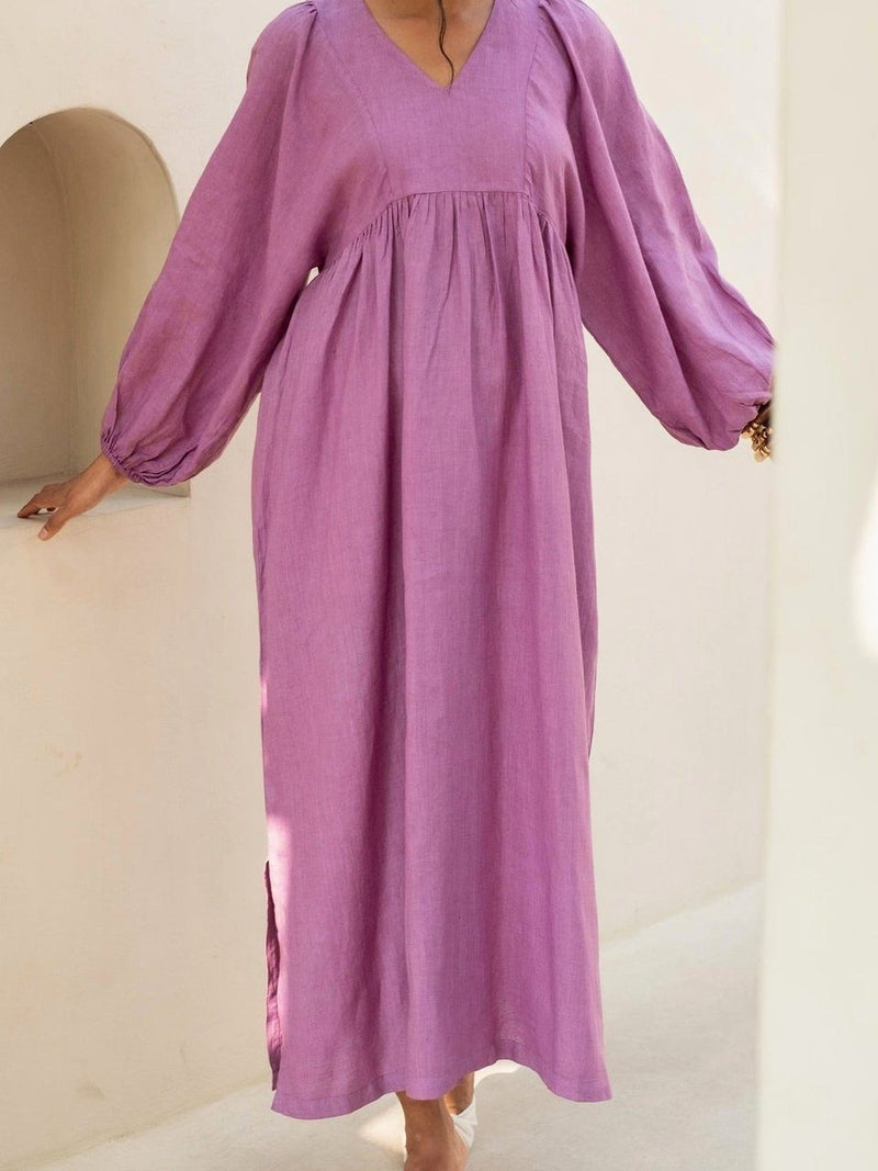 Bishop Sleeve Linen Midi Dress in mauve washed linen, Ellementree