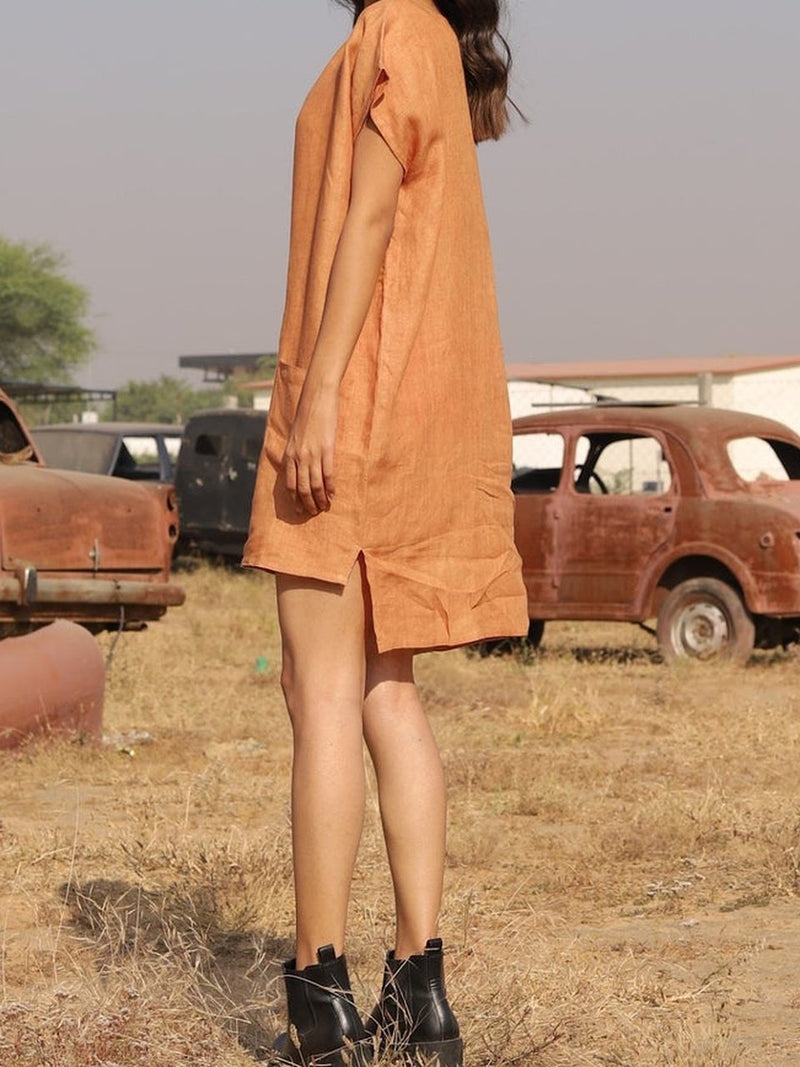 Apricot boxy linen shift in washed linen, photographed in Jaipur