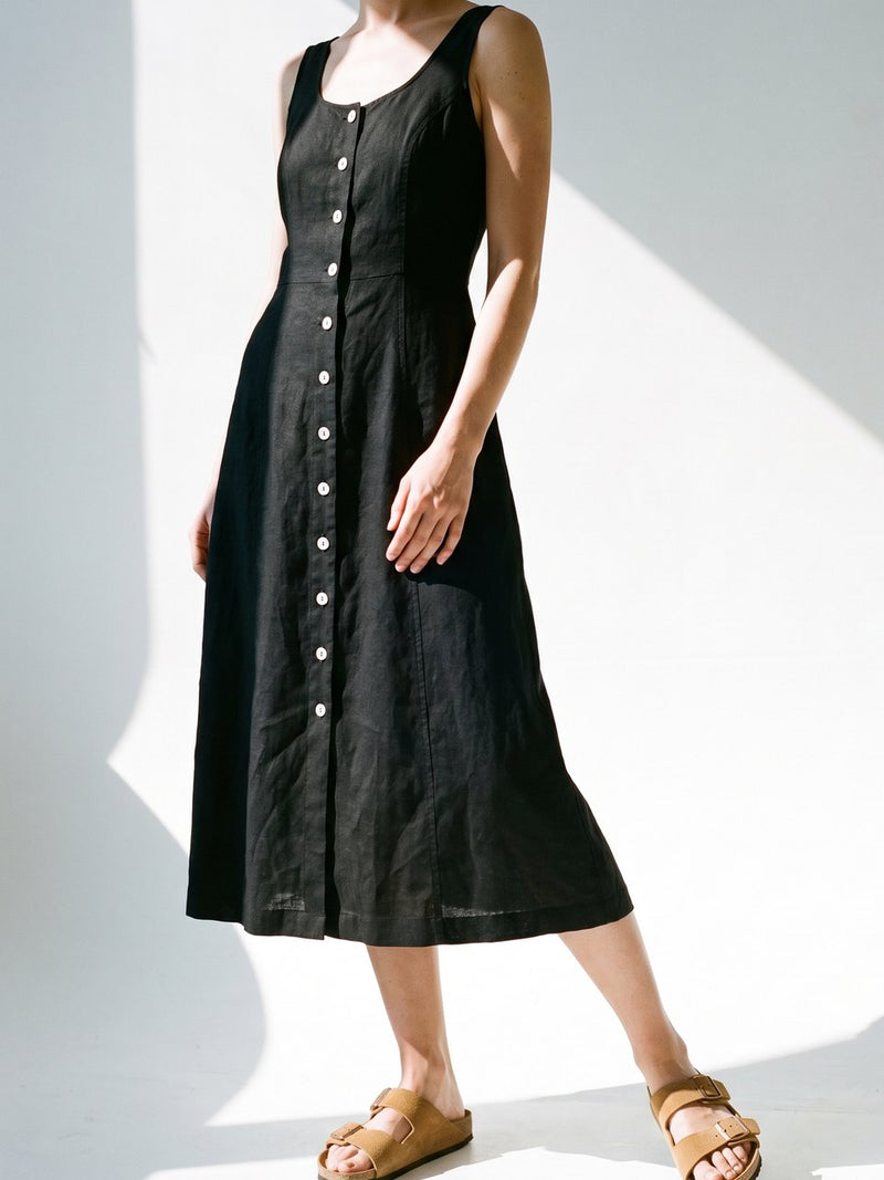 Button Front Linen Midi in black, front view