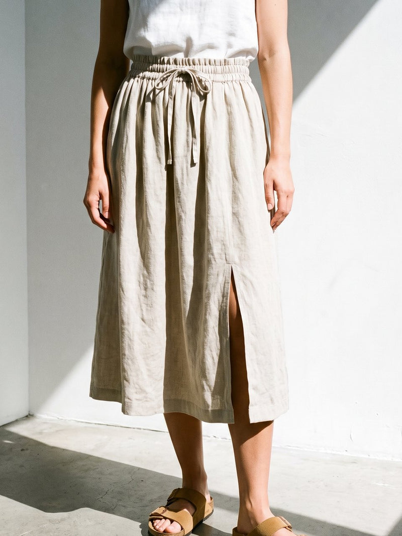 Gathered Linen Midi Skirt in natural, front view