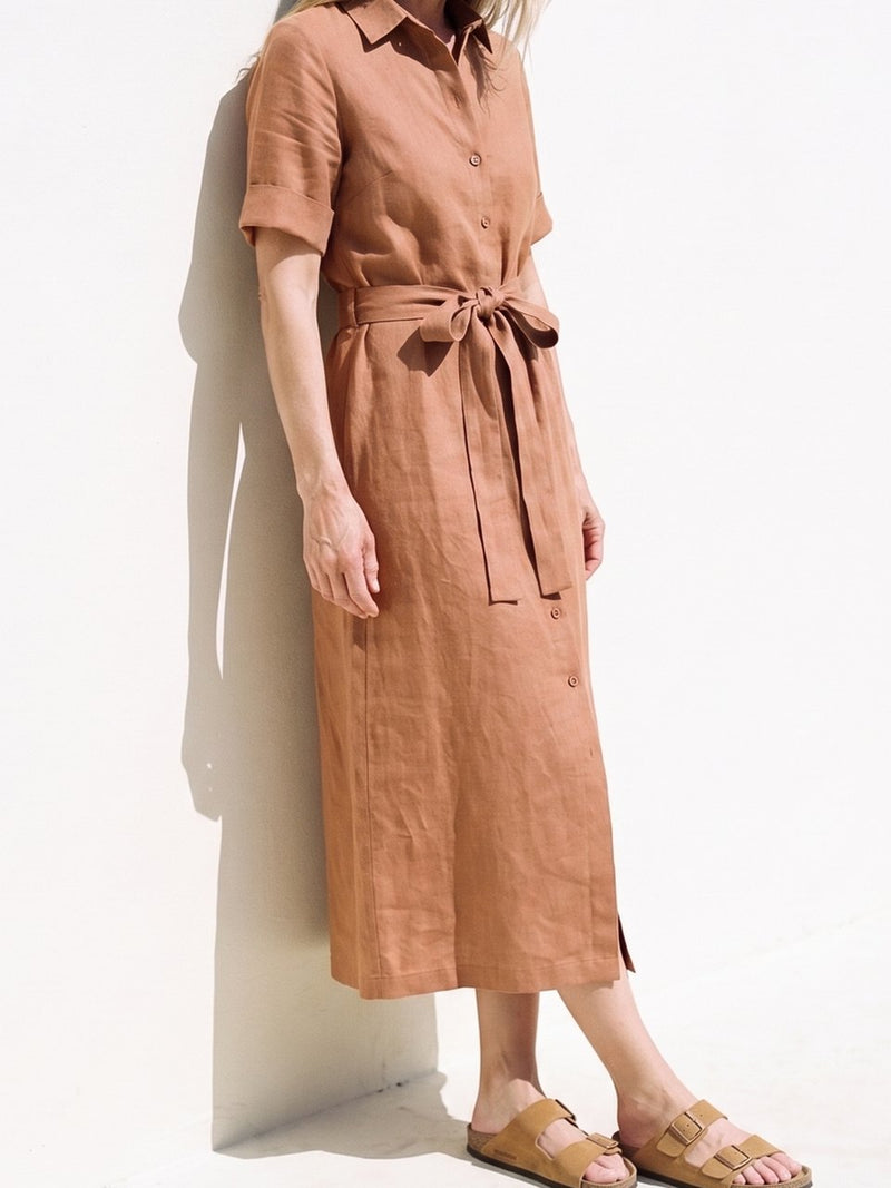 Linen Shirt Dress in clay, front view