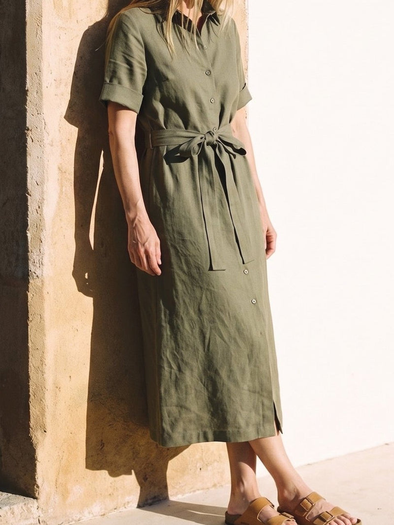 Linen Shirt Dress in olive, front view