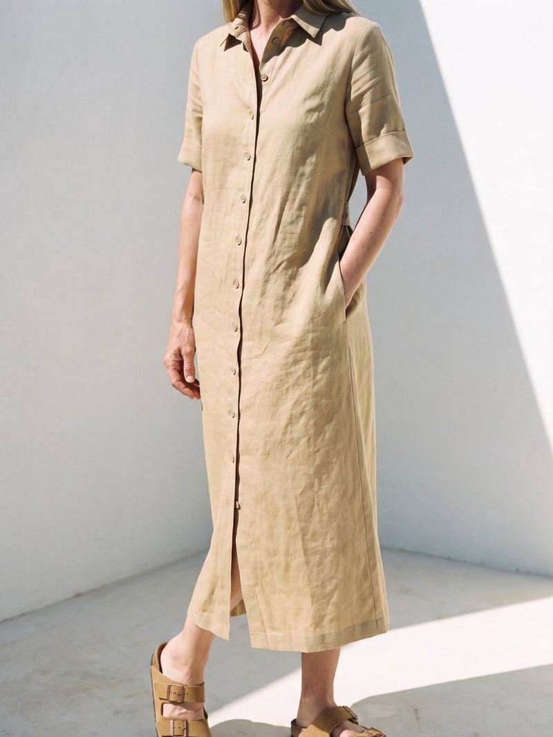 Linen Shirt Dress in wheat, front view