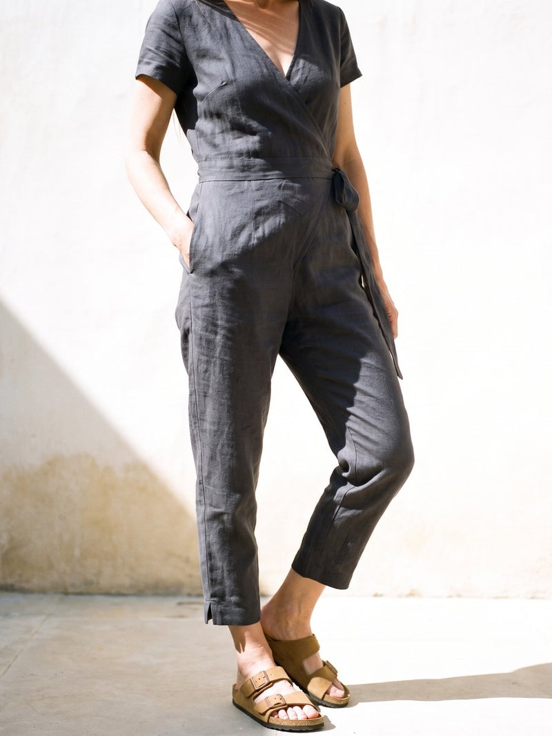 Wrap Linen Jumpsuit in charcoal, front view
