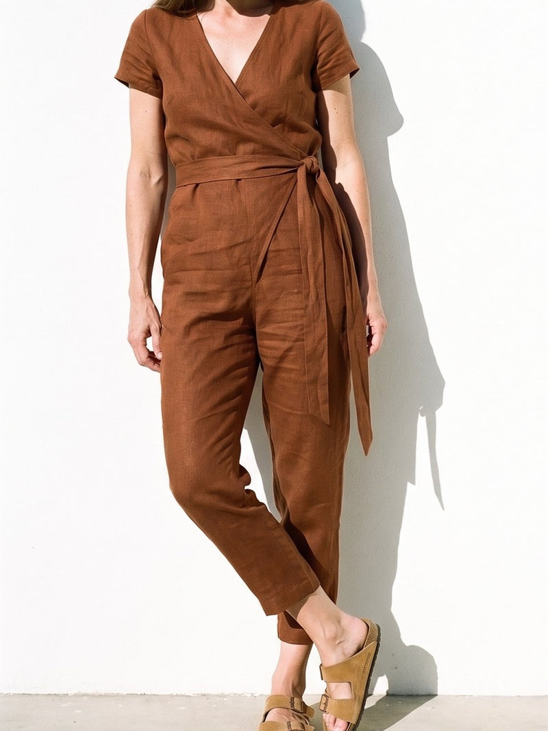 Wrap Linen Jumpsuit in cinnamon, front view