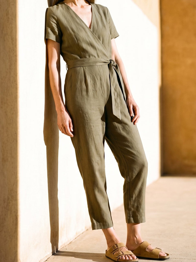 Wrap Linen Jumpsuit in olive, front view