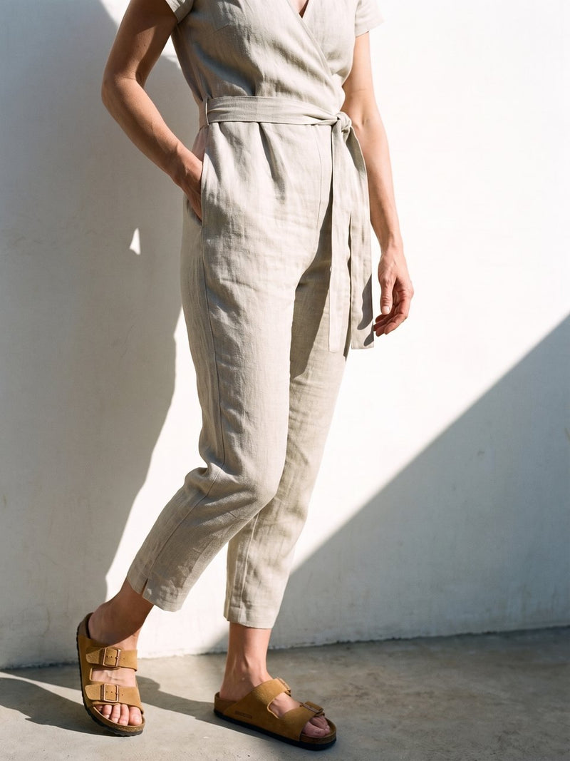 Wrap Linen Jumpsuit in stone, front view