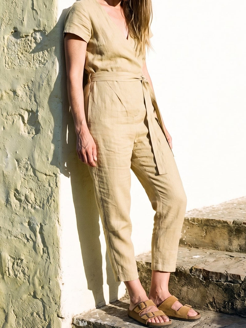 Wrap Linen Jumpsuit in wheat, front view